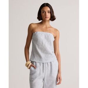 Quince Linen Strapless Top Blue Pinstripe Sleeved M